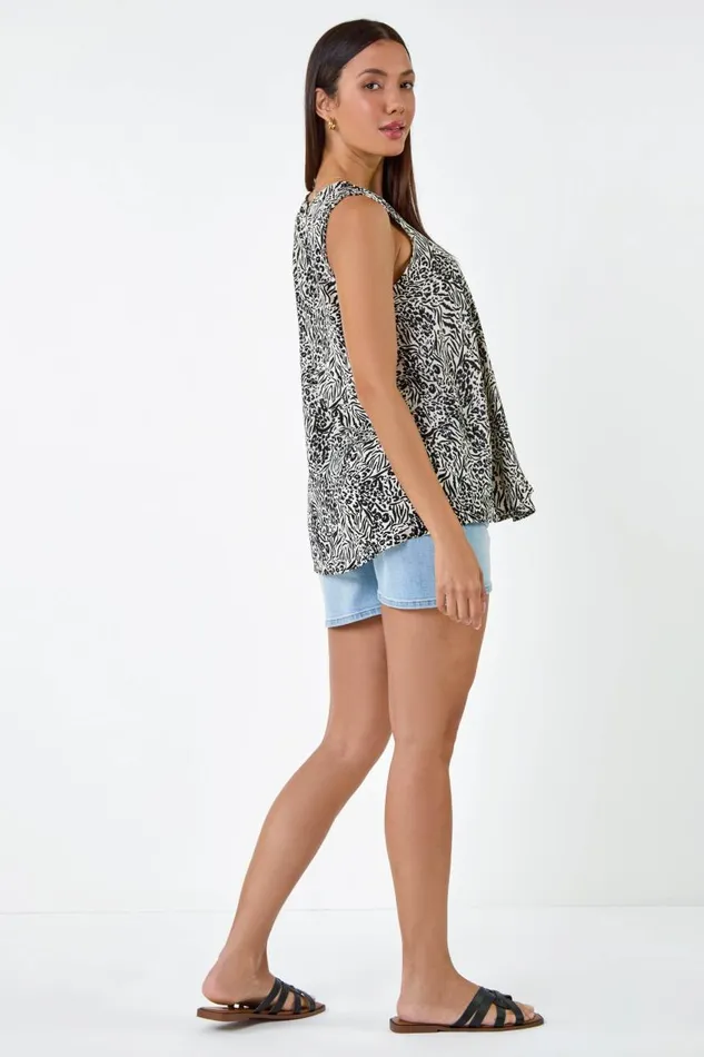 Ivory Animal Print Pleat Front VNeck Top Women Roman Tops
