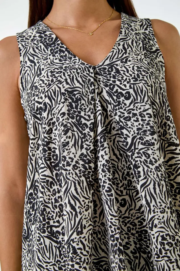 Ivory Animal Print Pleat Front VNeck Top Women Roman Tops