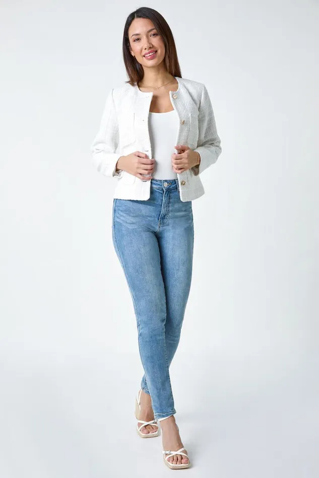 Ivory Collarless Boucle Jacket Women Roman Jackets