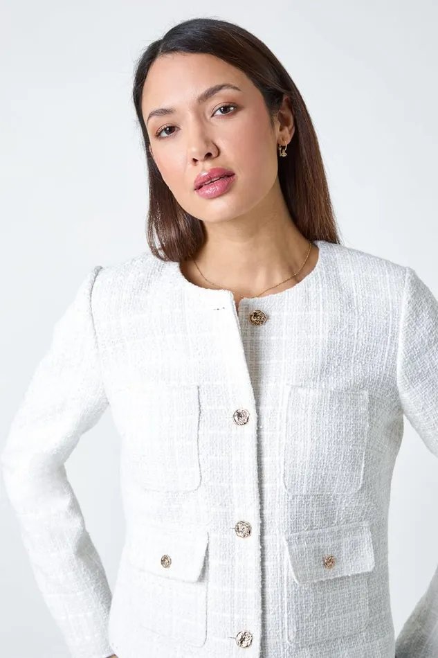 Ivory Collarless Boucle Jacket Women Roman Jackets
