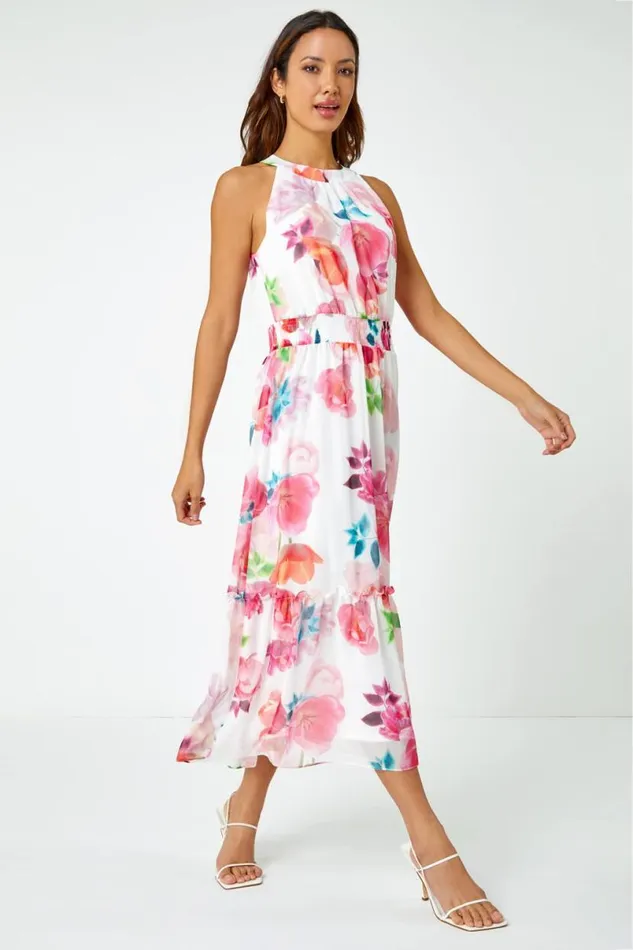 Ivory Floral Print Halterneck Chiffon Tiered Dress Women Roman Dresses
