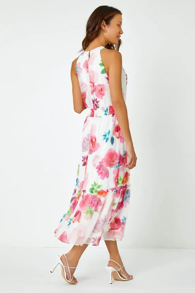 Ivory Floral Print Halterneck Chiffon Tiered Dress Women Roman Dresses