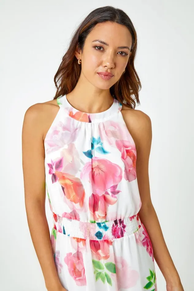 Ivory Floral Print Halterneck Chiffon Tiered Dress Women Roman Dresses
