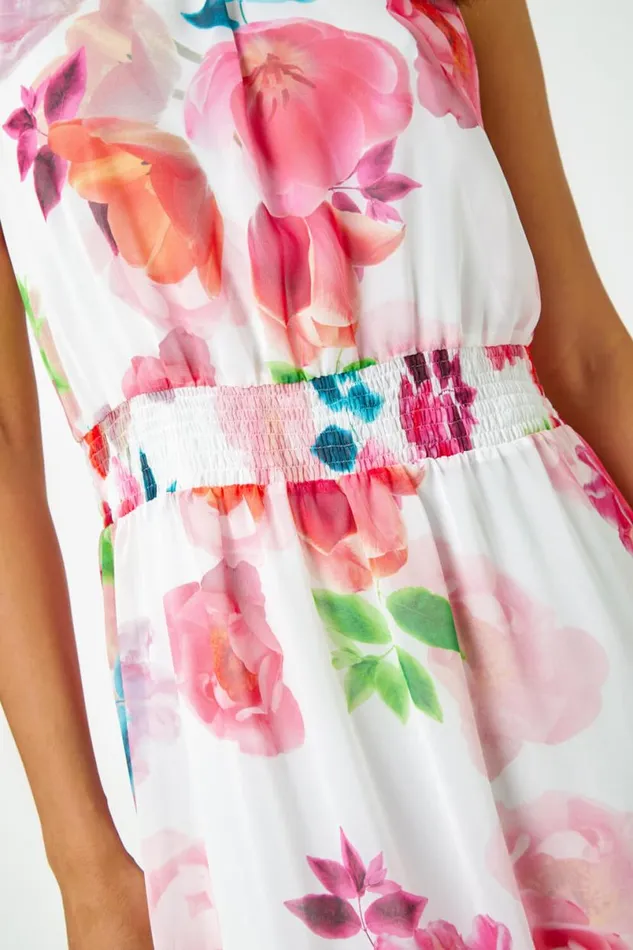 Ivory Floral Print Halterneck Chiffon Tiered Dress Women Roman Dresses