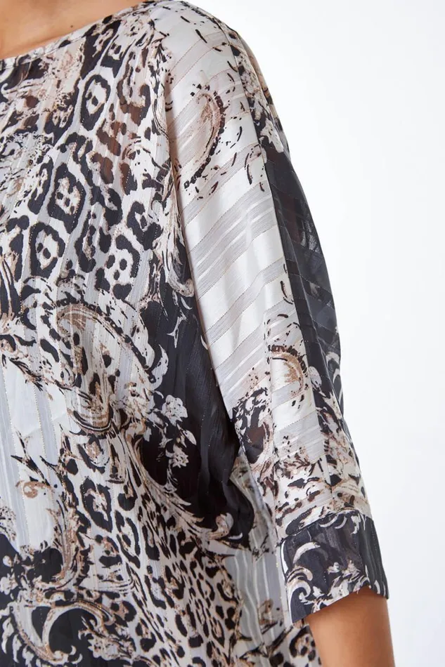 Ivory Mixed Animal Print Overlay Top Women Roman Tops
