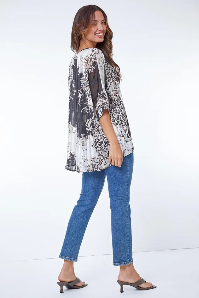 Ivory Mixed Animal Print Overlay Top Women Roman Tops