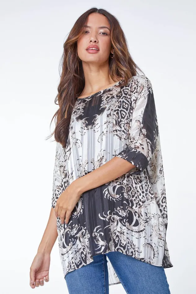 Ivory Mixed Animal Print Overlay Top Women Roman Tops