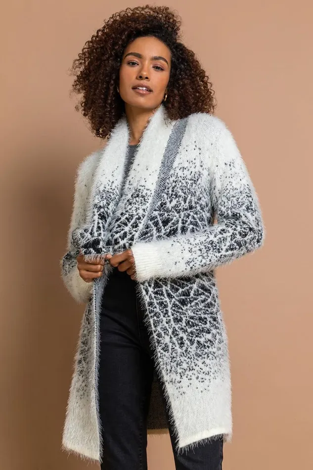 Ivory Mosaic Print Fluffy Cardigan Women Roman Knitwear