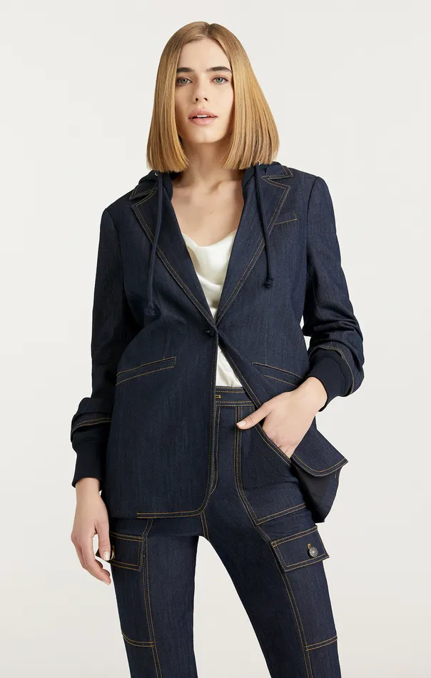 Jackets and Blazers Cinq Sept Women Denim Hooded Khloe Blazer Indigo
