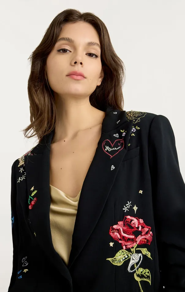 Jackets and Blazers Women Daydream Doodles Embellished Kelsa Blazer Black Multi Cinq Sept