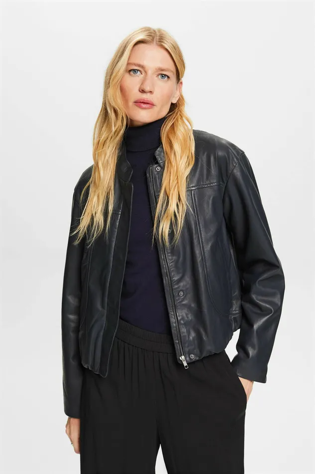Jackets Coats Women Esprit Band Collar Leather Jacket Petrol Blue