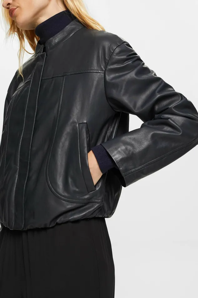 Jackets Coats Women Esprit Band Collar Leather Jacket Petrol Blue