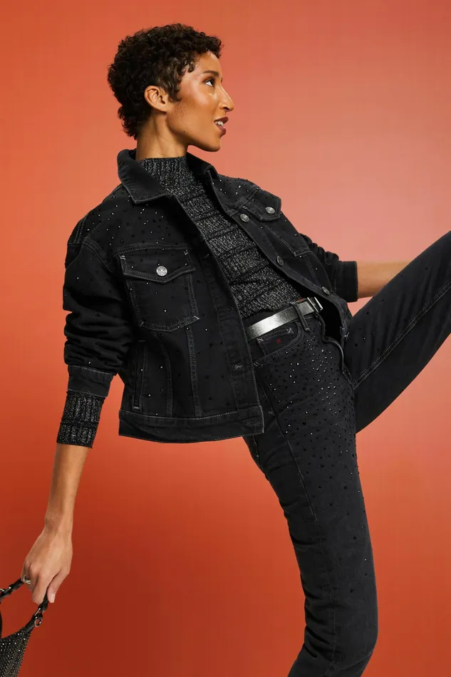 Jackets Coats Women Esprit Rhinestone Denim Jacket Black Dark Washed