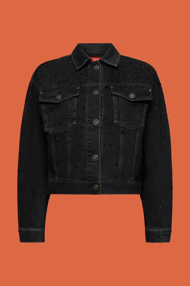 Jackets Coats Women Esprit Rhinestone Denim Jacket Black Dark Washed
