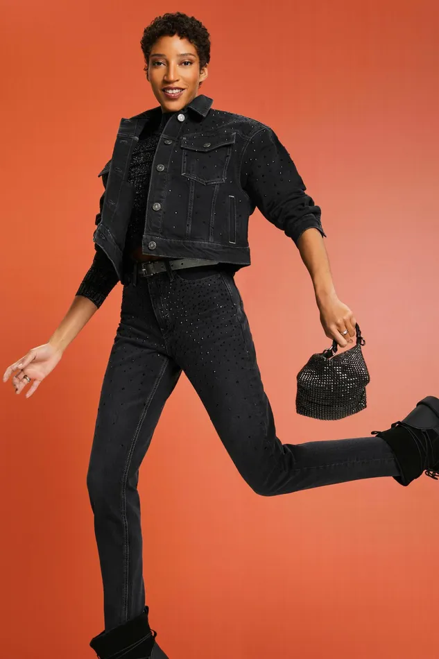 Jackets Coats Women Esprit Rhinestone Denim Jacket Black Dark Washed