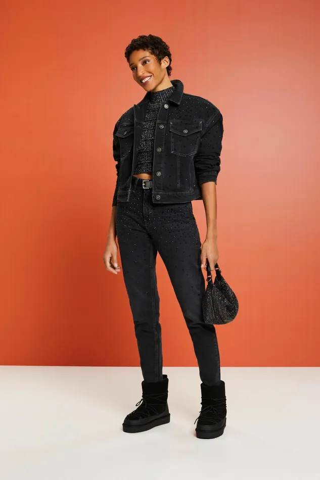 Jackets Coats Women Esprit Rhinestone Denim Jacket Black Dark Washed