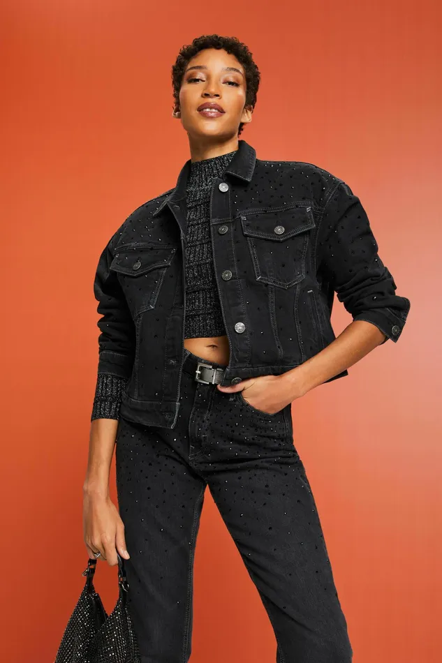 Jackets Coats Women Esprit Rhinestone Denim Jacket Black Dark Washed