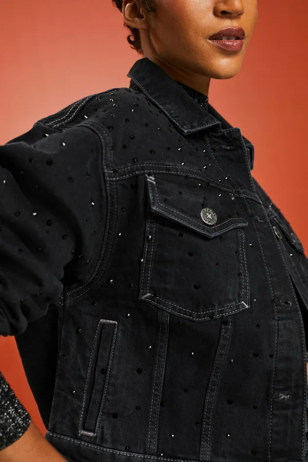 Jackets Coats Women Esprit Rhinestone Denim Jacket Black Dark Washed