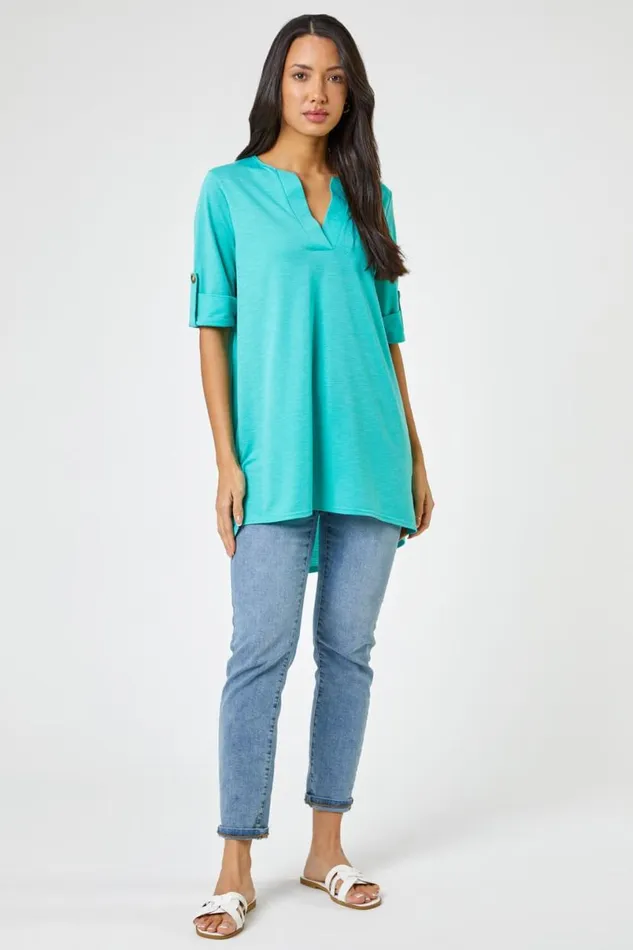 Jade Textured Notch Neck Tunic Top Women Roman Tops