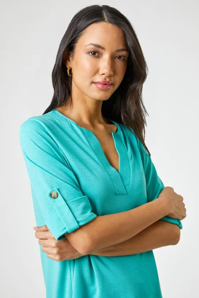 Jade Textured Notch Neck Tunic Top Women Roman Tops