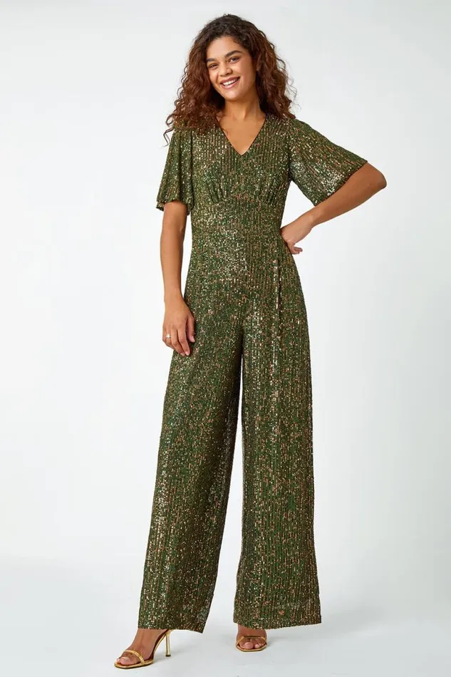 Khaki Embellished Sequin Stretch Jumpsuit Women Roman Jumpsuits and Playsuits