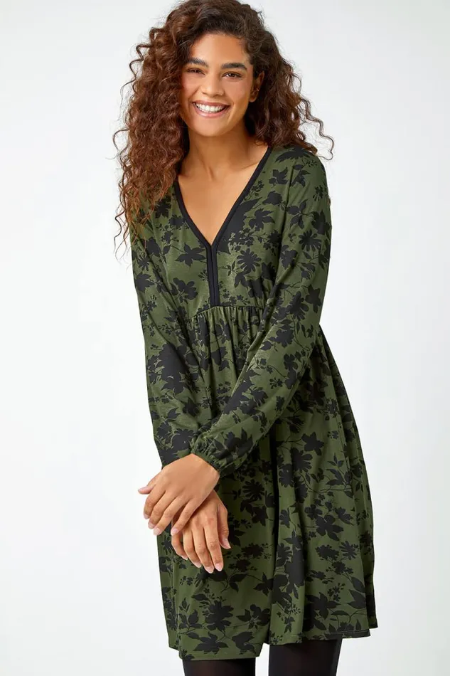 Khaki Floral Contrast Trim Stretch Dress Women Roman Dresses