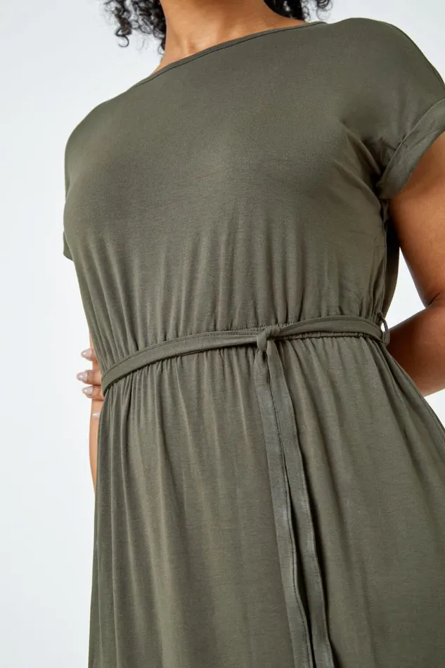 Khaki Petite Plain Maxi Stretch Dress Women Roman Dresses