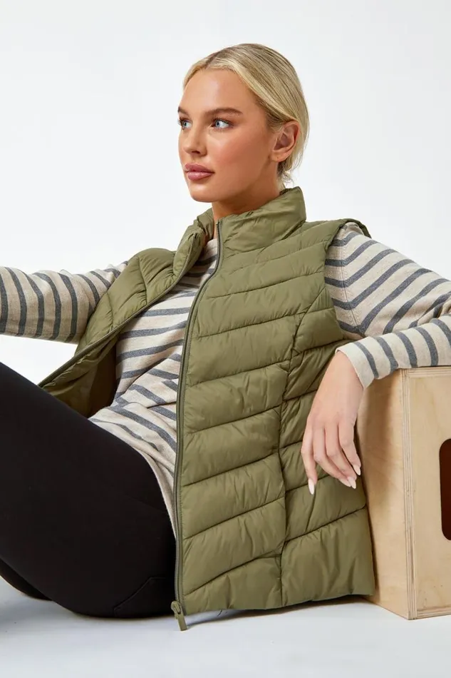 Khaki Petite Quilted Padded Gilet Women Roman Coats