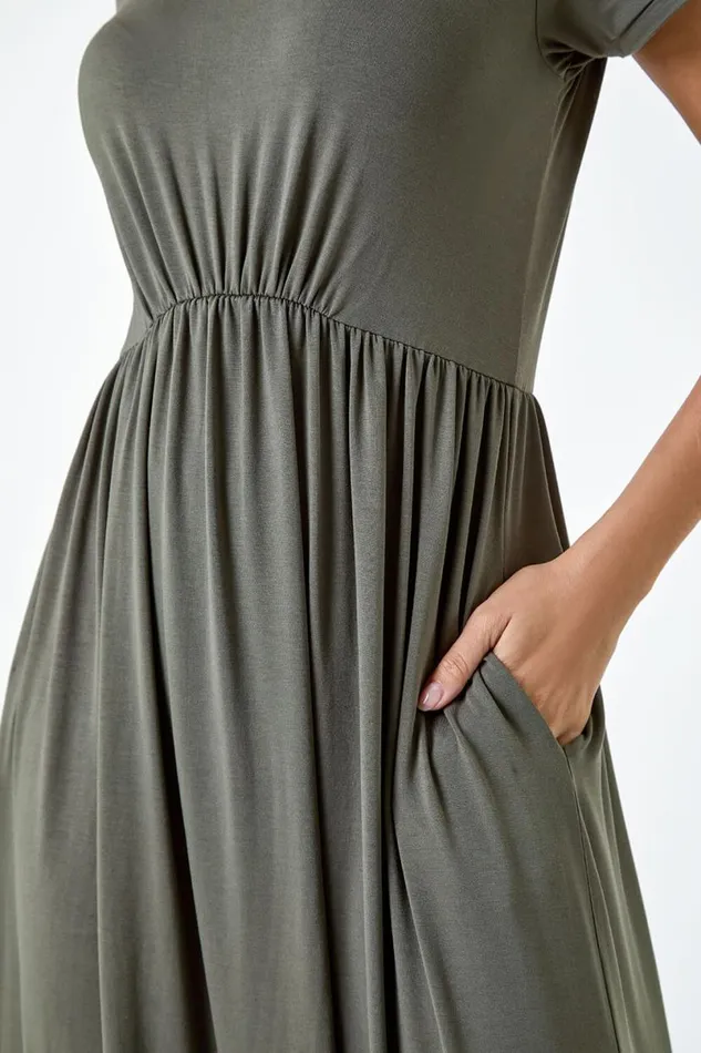 Khaki Stretch Gathered Pocket TShirt Dress Women Roman Dresses