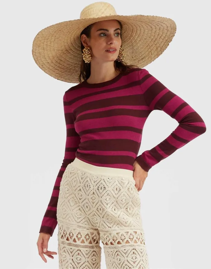 La Double J Crew Top Solid Fuchsia Women Knitwear