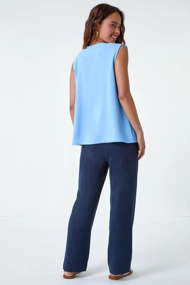 Light Blue Petite Frill Front Vest Top Women Roman Tops