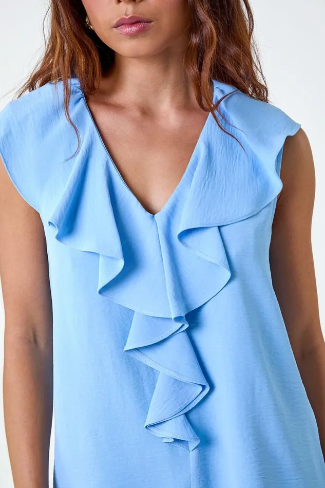 Light Blue Petite Frill Front Vest Top Women Roman Tops