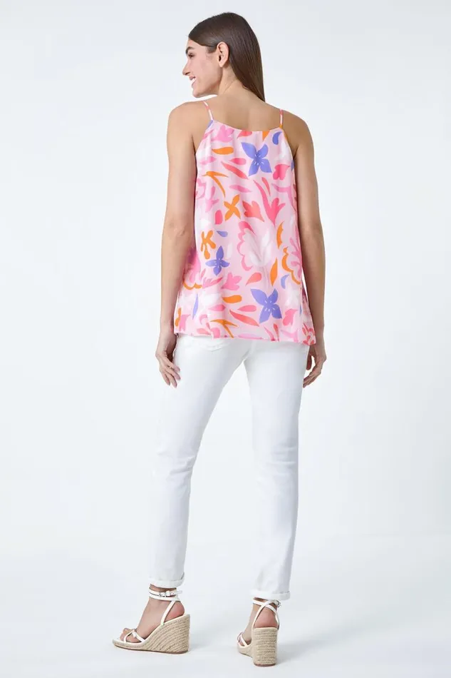 Light Pink Floral Print Chiffon Cami Top Women Roman Tops