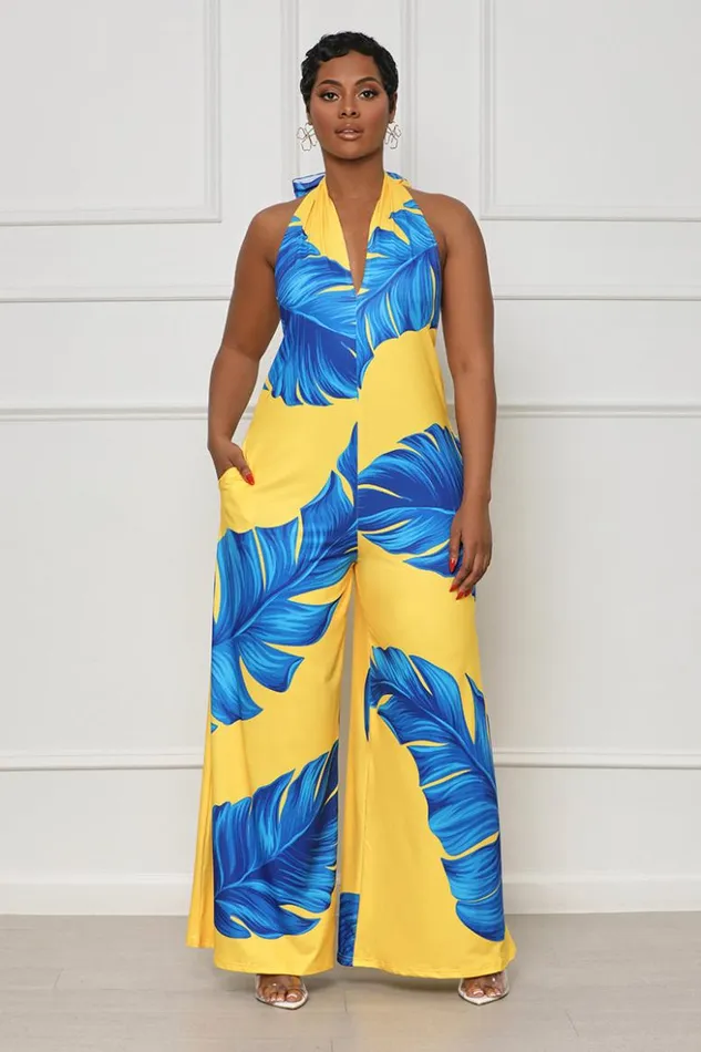 Lilly039s Kloset Jumpsuits and Rompers Cabana Palm Print Jumpsuit Yellow Multi FINAL SALE 8211 Women