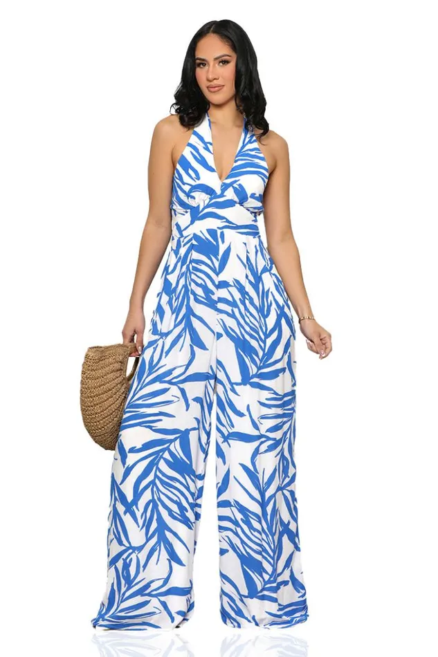 Lilly039s Kloset Jumpsuits and Rompers Take A Trip Halter Jumpsuit Blue MultiFINAL SALE 8211 Women