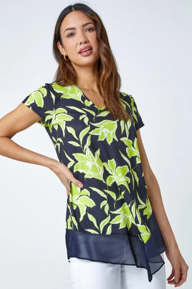 Lime Floral Print VNeck Chiffon Hem Jersey Top Women Roman Tops