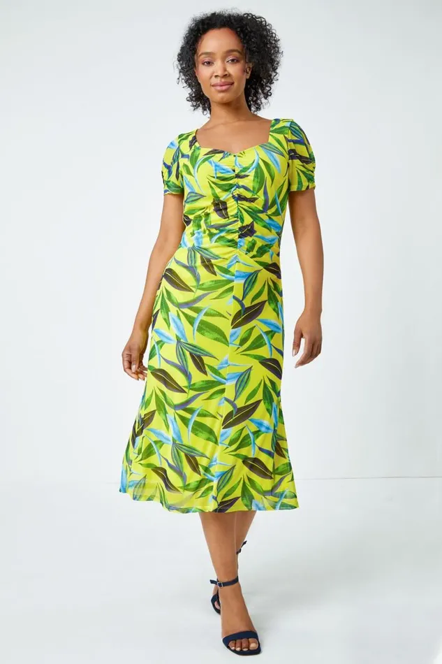 Lime Petite Ruched Tropical Print Midi Dress Women Roman Dresses