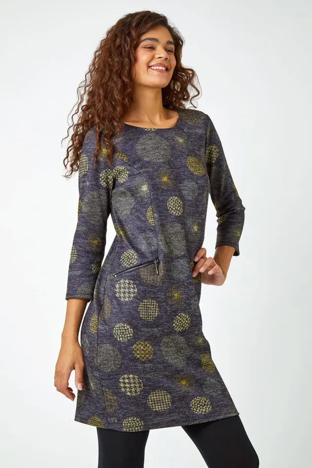 Lime Spot Print Shift Stretch Dress Women Roman Dresses