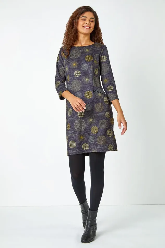 Lime Spot Print Shift Stretch Dress Women Roman Dresses