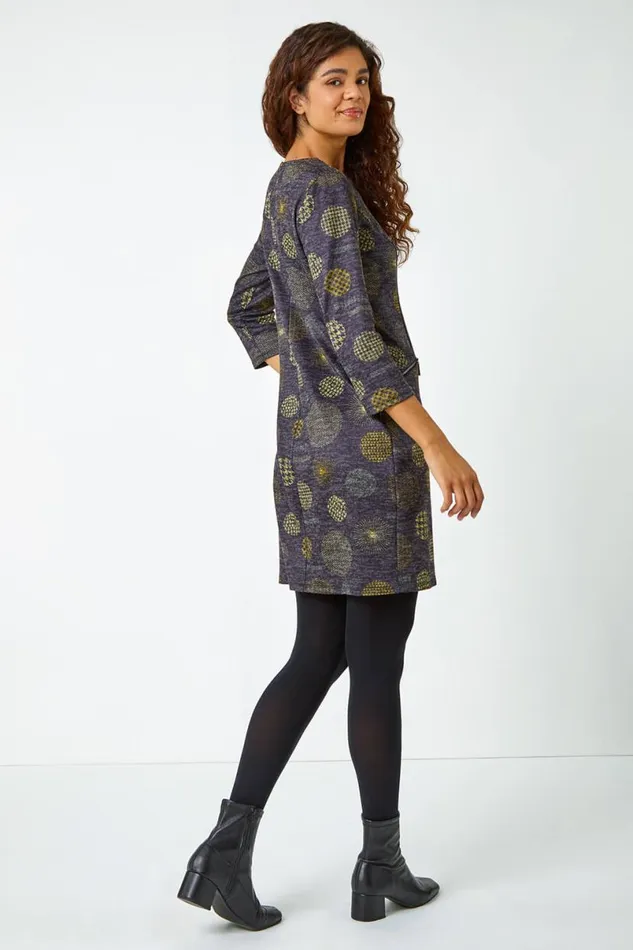 Lime Spot Print Shift Stretch Dress Women Roman Dresses