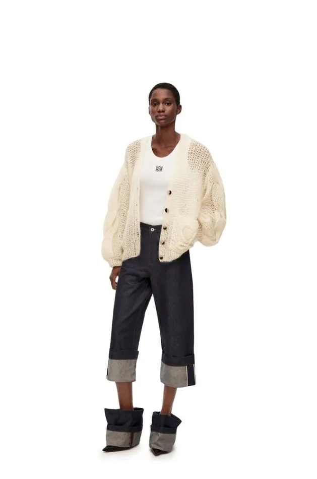 Loewe Anagram Cardigan In Mohair Ecru Women Knitwear