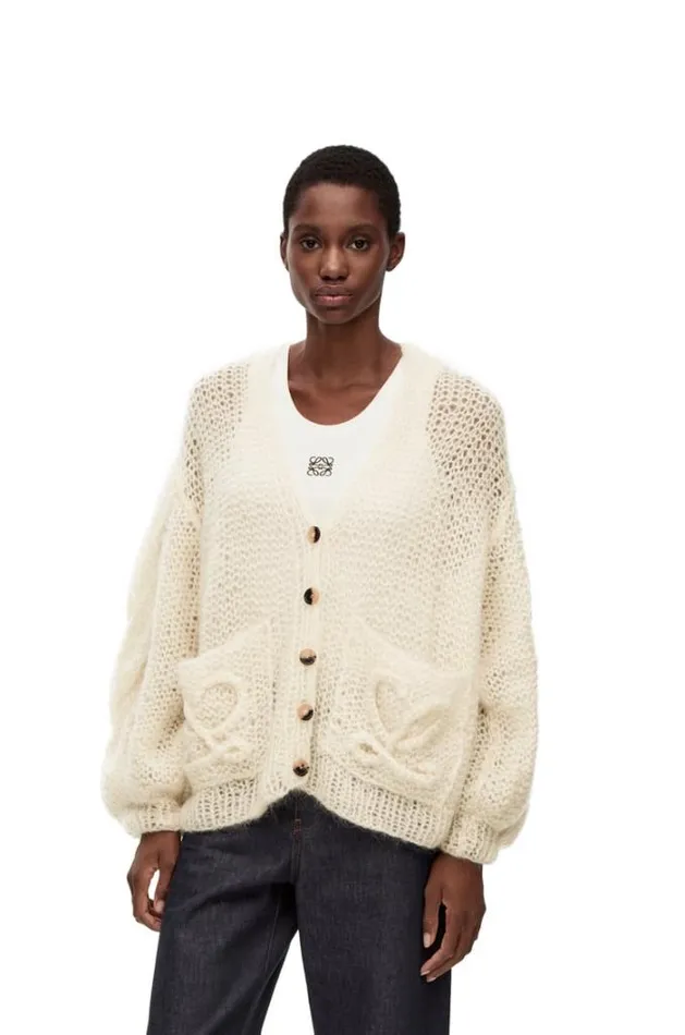 Loewe Anagram Cardigan In Mohair Ecru Women Knitwear