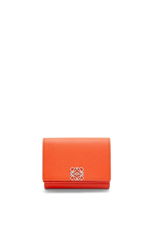 Loewe Anagram Trifold Wallet In Pebble Grain Calfskin Vivid Orange Women Small Wallets