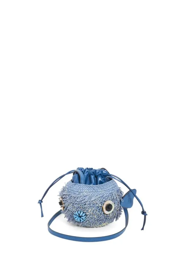 Loewe Blowfish Pouch In Iraca Palm And Calfskin Denim Blue Women Mini Bags