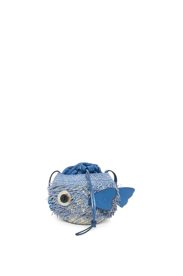 Loewe Blowfish Pouch In Iraca Palm And Calfskin Denim Blue Women Mini Bags
