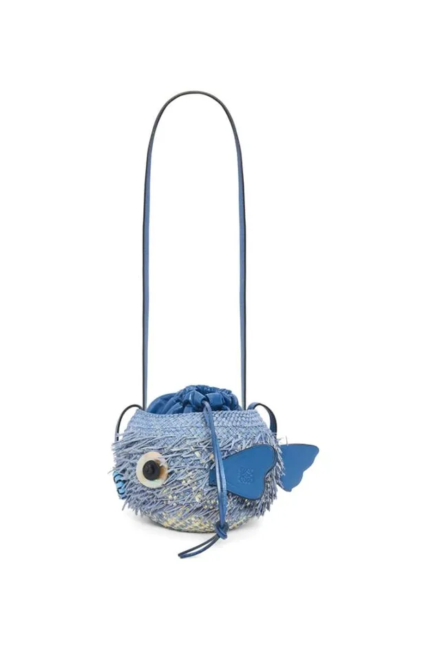Loewe Blowfish Pouch In Iraca Palm And Calfskin Denim Blue Women Mini Bags