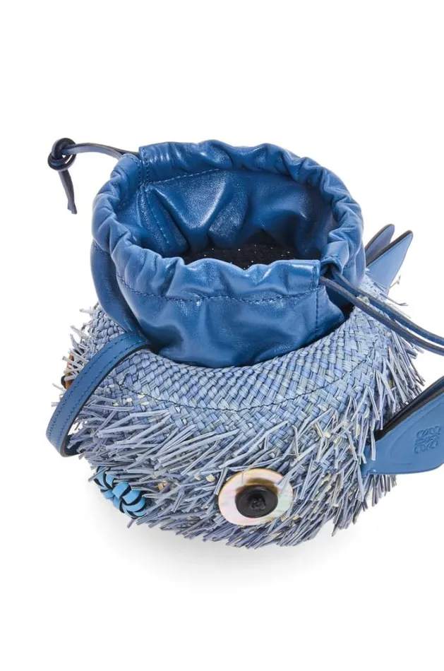 Loewe Blowfish Pouch In Iraca Palm And Calfskin Denim Blue Women Mini Bags