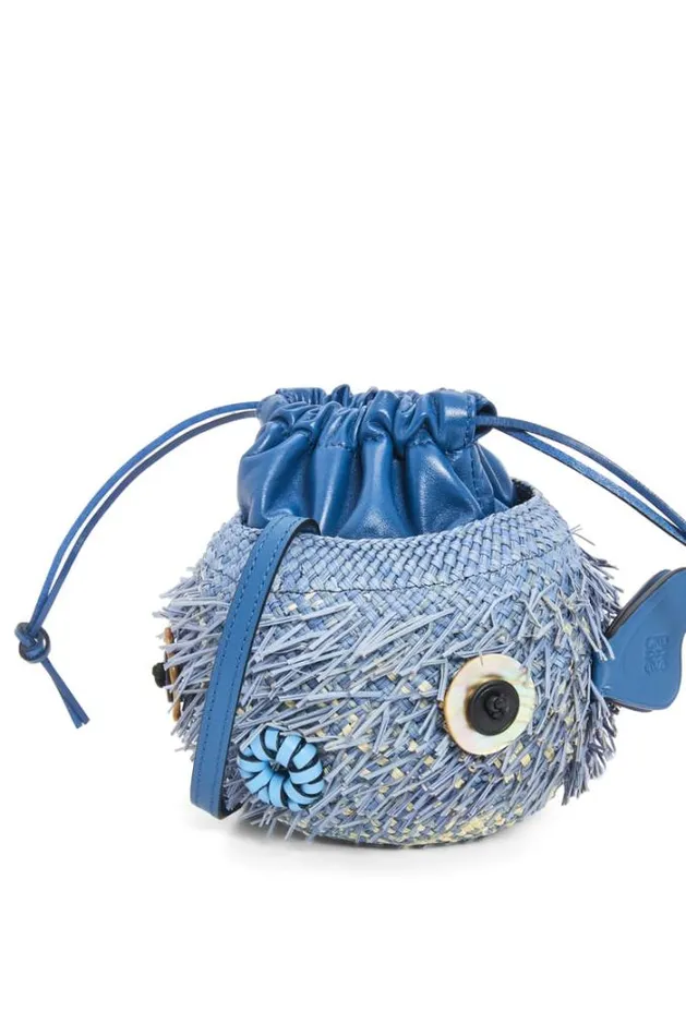 Loewe Blowfish Pouch In Iraca Palm And Calfskin Denim Blue Women Mini Bags