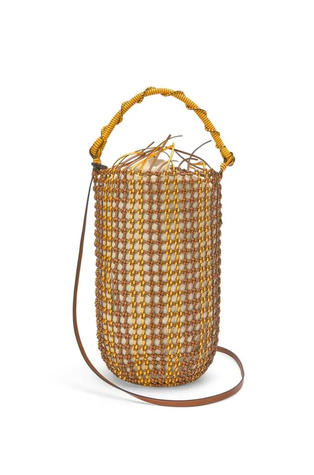 Loewe Bucket Mesh Bag In Calfskin Tanyellow Women Shoulder Bags