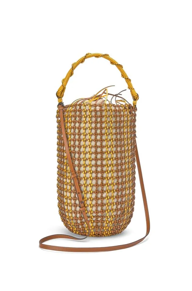 Loewe Bucket Mesh Bag In Calfskin Tanyellow Women Shoulder Bags